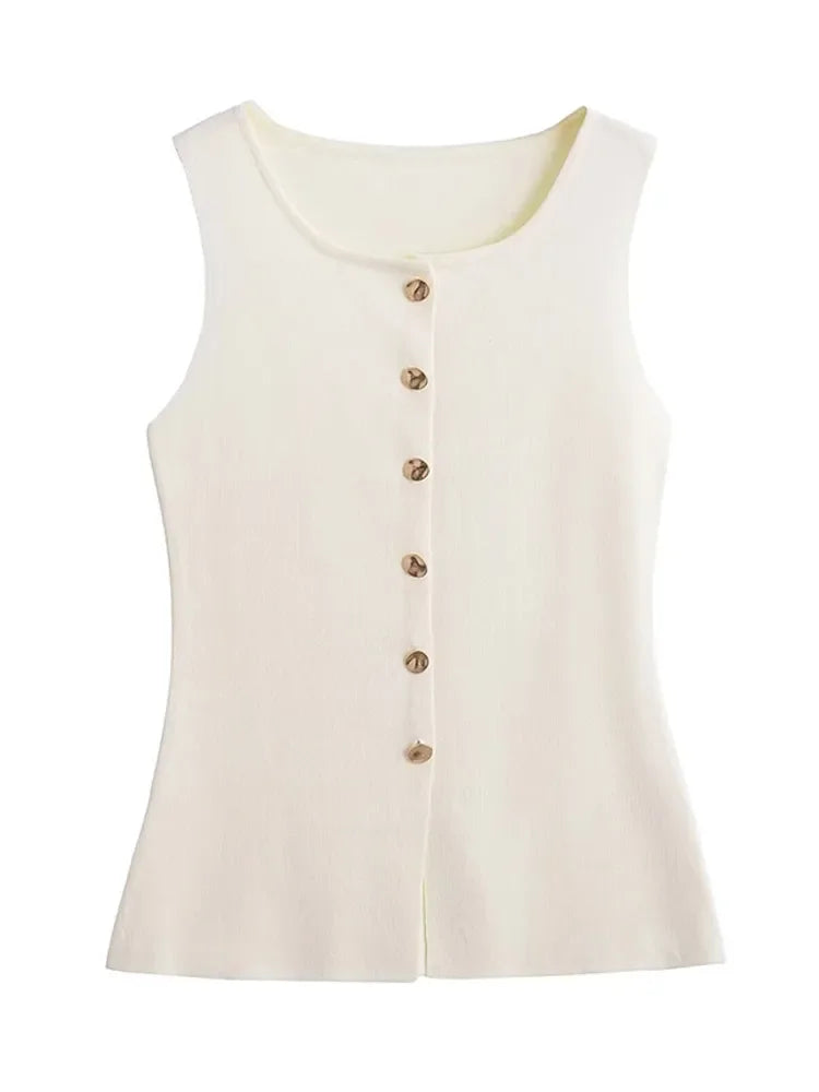 Suéter dorado de un solo pecho para mujer, chaleco informal sin mangas con cuello en V, cárdigan de punto ajustado, Tops de calle nueva de otoño