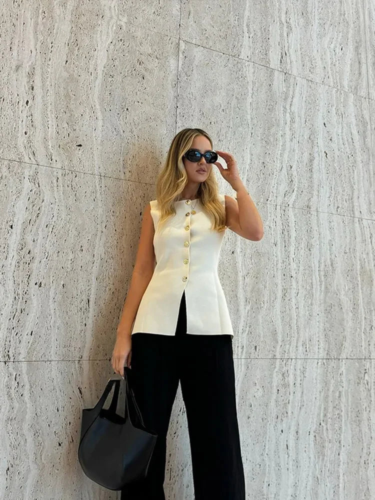Suéter dorado de un solo pecho para mujer, chaleco informal sin mangas con cuello en V, cárdigan de punto ajustado, Tops de calle nueva de otoño