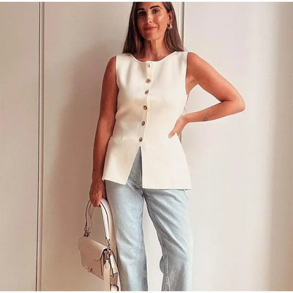 Suéter dorado de un solo pecho para mujer, chaleco informal sin mangas con cuello en V, cárdigan de punto ajustado, Tops de calle nueva de otoño