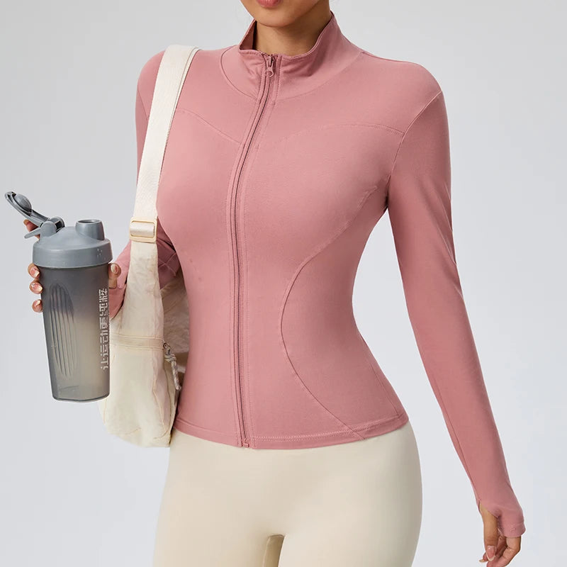 Chaqueta deportiva, top ajustado de secado rápido para mujer, edición de otoño 2025, cuello alto de protección solar de manga larga, Pilates deportivo