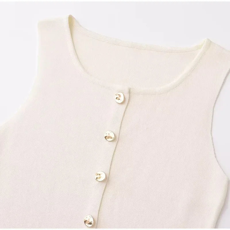 Suéter dorado de un solo pecho para mujer, chaleco informal sin mangas con cuello en V, cárdigan de punto ajustado, Tops de calle nueva de otoño