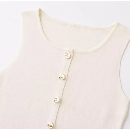 Suéter dorado de un solo pecho para mujer, chaleco informal sin mangas con cuello en V, cárdigan de punto ajustado, Tops de calle nueva de otoño