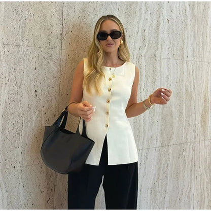 Suéter dorado de un solo pecho para mujer, chaleco informal sin mangas con cuello en V, cárdigan de punto ajustado, Tops de calle nueva de otoño