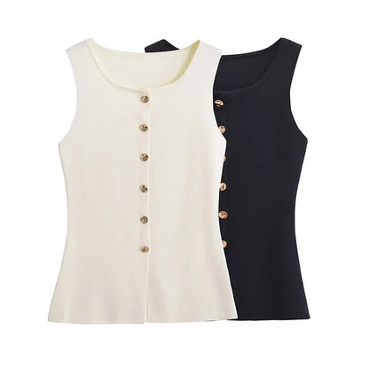 Suéter dorado de un solo pecho para mujer, chaleco informal sin mangas con cuello en V, cárdigan de punto ajustado, Tops de calle nueva de otoño