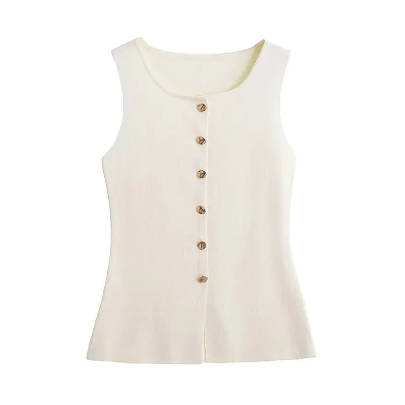 Suéter dorado de un solo pecho para mujer, chaleco informal sin mangas con cuello en V, cárdigan de punto ajustado, Tops de calle nueva de otoño