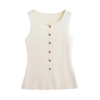 Suéter dorado de un solo pecho para mujer, chaleco informal sin mangas con cuello en V, cárdigan de punto ajustado, Tops de calle nueva de otoño