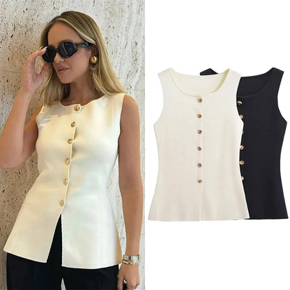 Suéter dorado de un solo pecho para mujer, chaleco informal sin mangas con cuello en V, cárdigan de punto ajustado, Tops de calle nueva de otoño
