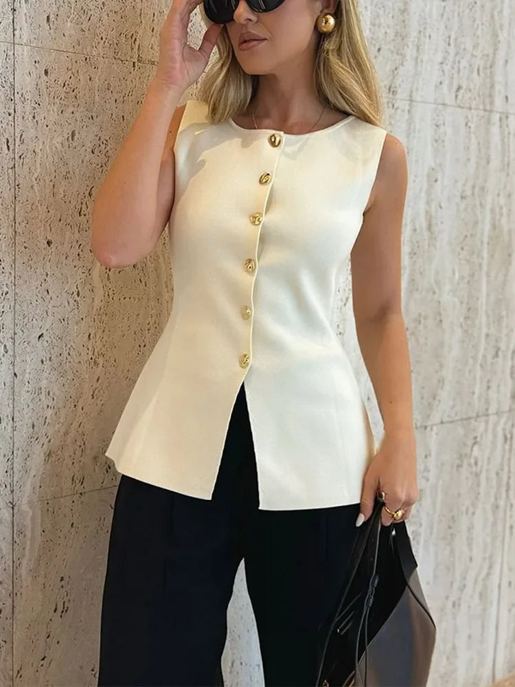 Suéter dorado de un solo pecho para mujer, chaleco informal sin mangas con cuello en V, cárdigan de punto ajustado, Tops de calle nueva de otoño