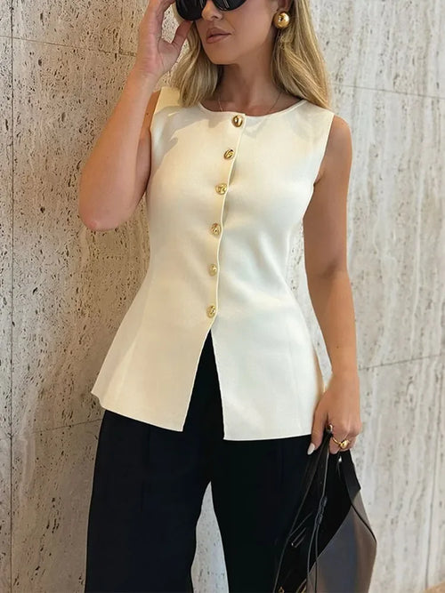 Suéter dorado de un solo pecho para mujer, chaleco informal sin mangas con cuello en V, cárdigan de punto ajustado, Tops de calle nueva de otoño