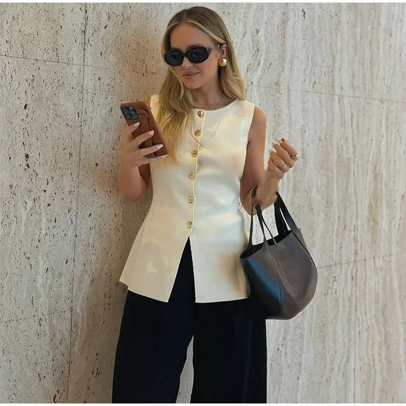 Suéter dorado de un solo pecho para mujer, chaleco informal sin mangas con cuello en V, cárdigan de punto ajustado, Tops de calle nueva de otoño