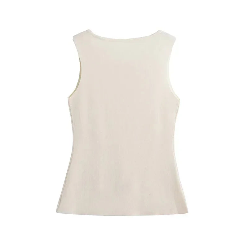 Suéter dorado de un solo pecho para mujer, chaleco informal sin mangas con cuello en V, cárdigan de punto ajustado, Tops de calle nueva de otoño