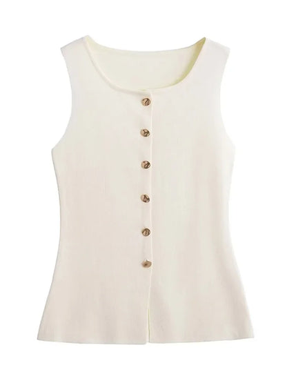 Suéter dorado de un solo pecho para mujer, chaleco informal sin mangas con cuello en V, cárdigan de punto ajustado, Tops de calle nueva de otoño