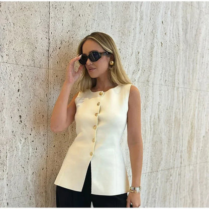 Suéter dorado de un solo pecho para mujer, chaleco informal sin mangas con cuello en V, cárdigan de punto ajustado, Tops de calle nueva de otoño