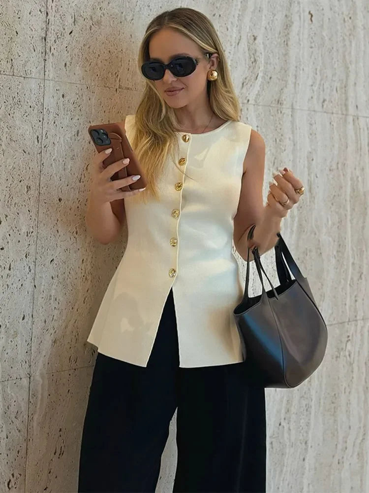 Suéter dorado de un solo pecho para mujer, chaleco informal sin mangas con cuello en V, cárdigan de punto ajustado, Tops de calle nueva de otoño