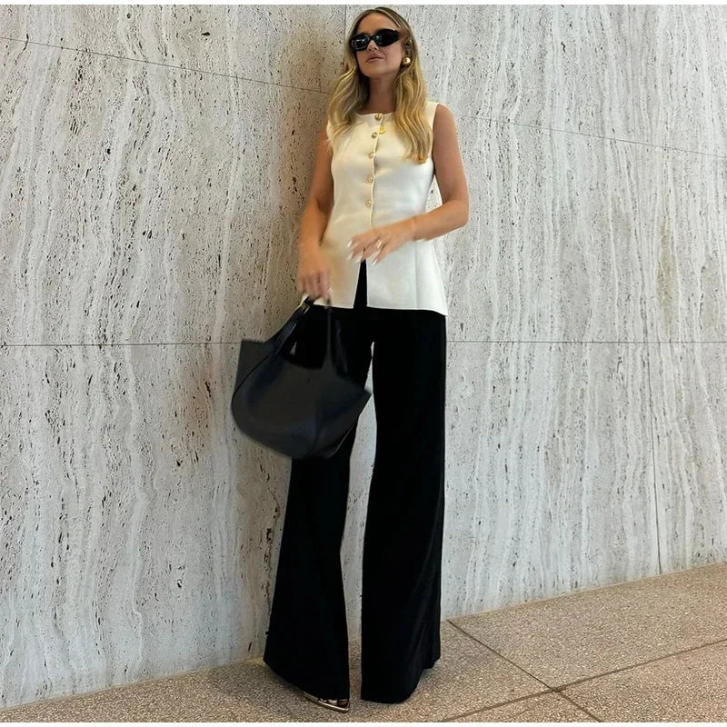 Suéter dorado de un solo pecho para mujer, chaleco informal sin mangas con cuello en V, cárdigan de punto ajustado, Tops de calle nueva de otoño