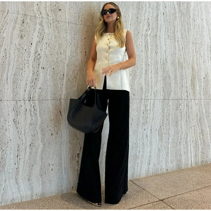 Suéter dorado de un solo pecho para mujer, chaleco informal sin mangas con cuello en V, cárdigan de punto ajustado, Tops de calle nueva de otoño