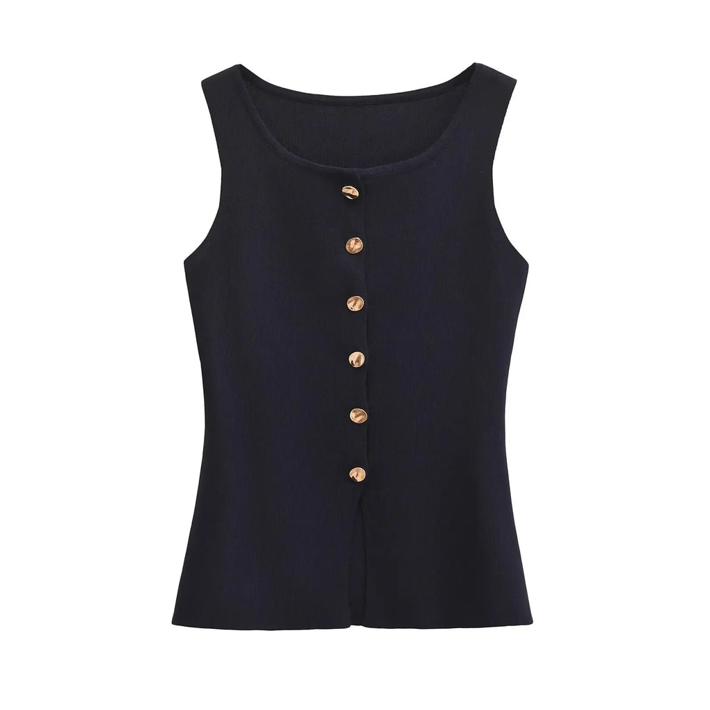 Suéter dorado de un solo pecho para mujer, chaleco informal sin mangas con cuello en V, cárdigan de punto ajustado, Tops de calle nueva de otoño