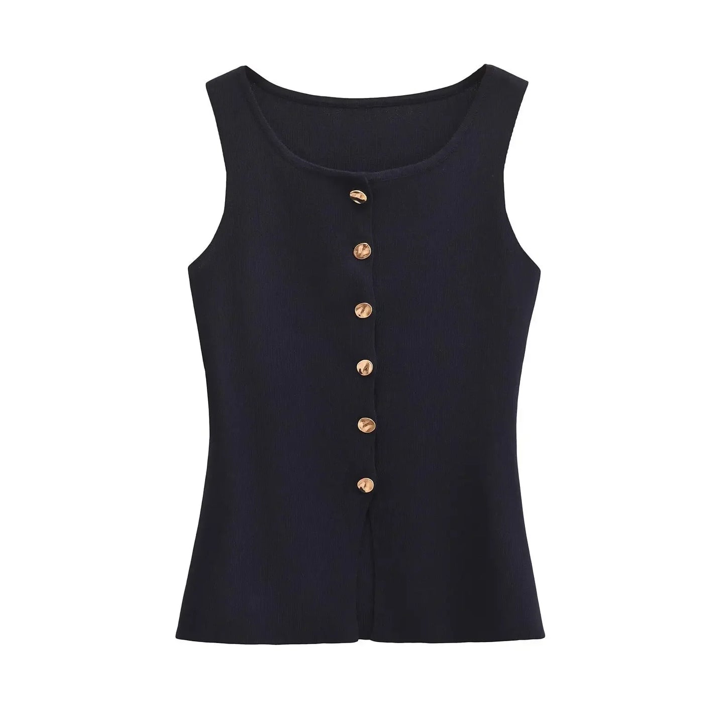 Suéter dorado de un solo pecho para mujer, chaleco informal sin mangas con cuello en V, cárdigan de punto ajustado, Tops de calle nueva de otoño