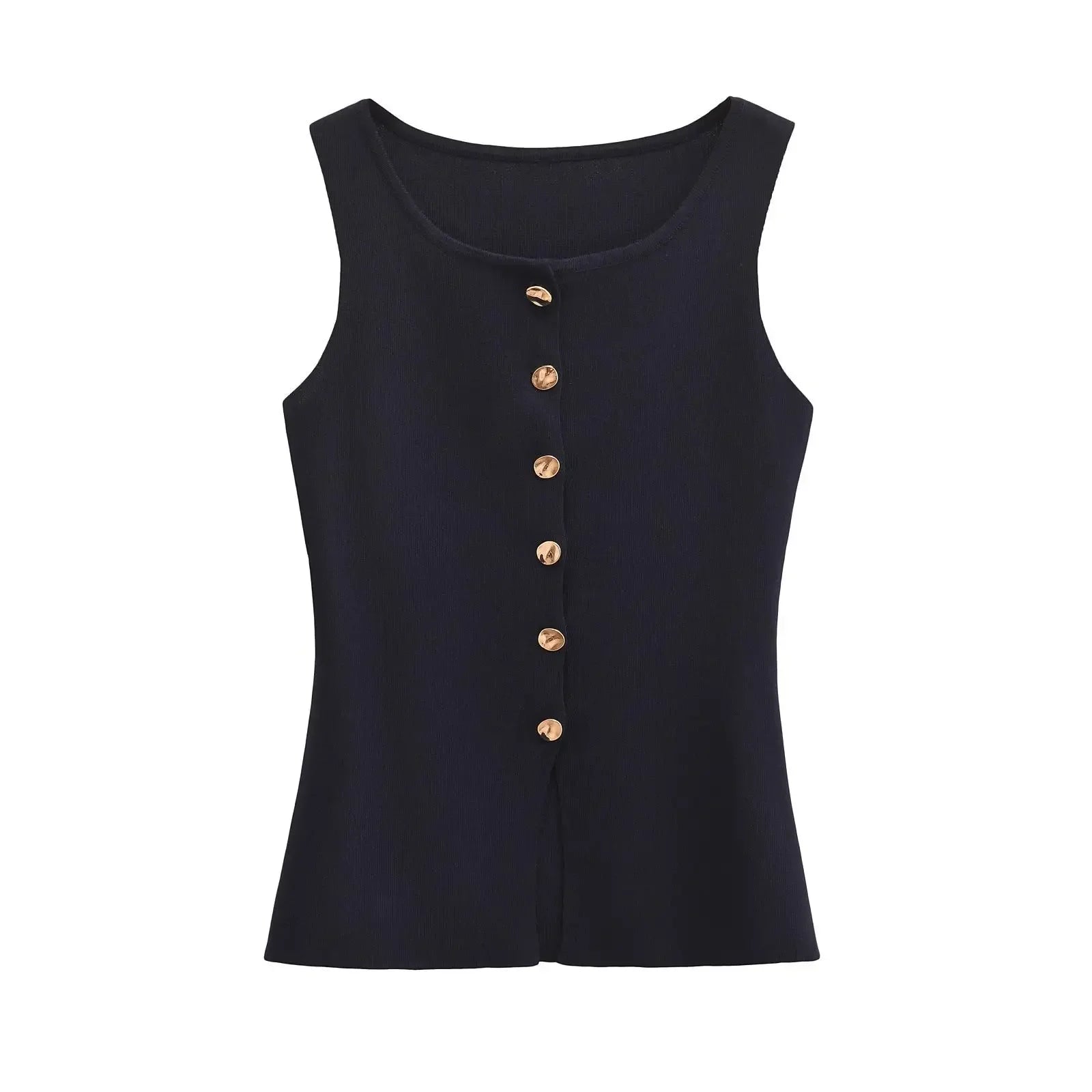 Suéter dorado de un solo pecho para mujer, chaleco informal sin mangas con cuello en V, cárdigan de punto ajustado, Tops de calle nueva de otoño