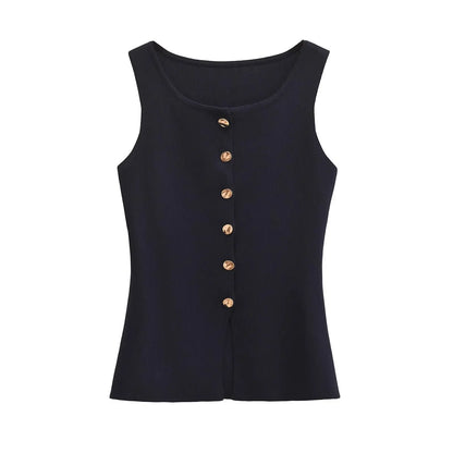 Suéter dorado de un solo pecho para mujer, chaleco informal sin mangas con cuello en V, cárdigan de punto ajustado, Tops de calle nueva de otoño
