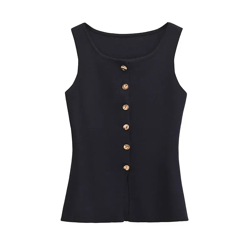 Suéter dorado de un solo pecho para mujer, chaleco informal sin mangas con cuello en V, cárdigan de punto ajustado, Tops de calle nueva de otoño