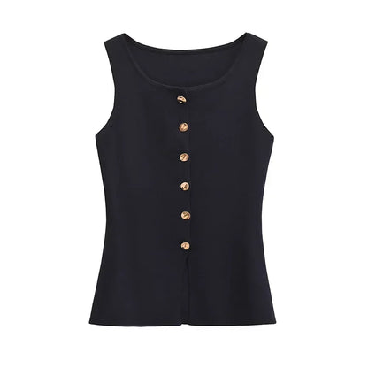 Suéter dorado de un solo pecho para mujer, chaleco informal sin mangas con cuello en V, cárdigan de punto ajustado, Tops de calle nueva de otoño